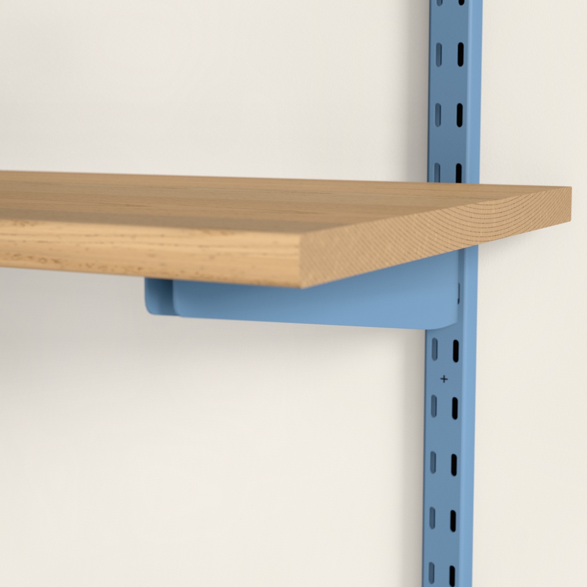 Visualisierung, Nahaufnahme: Wandschiene, Träger und Holzboden in Babyblau