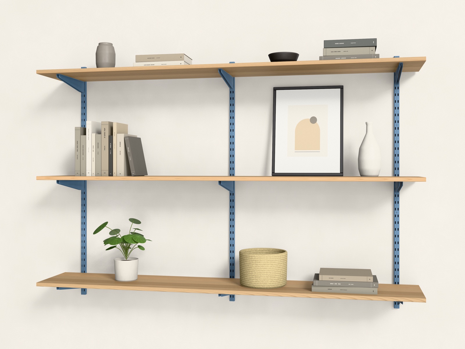 Visualisierung: Wandschienen und Träger in Babyblau mit Holzböden an einer Wand