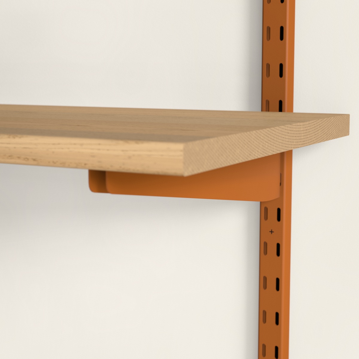Visualisierung, Nahaufnahme: Wandschiene, Träger und Holzboden in Terrakotta