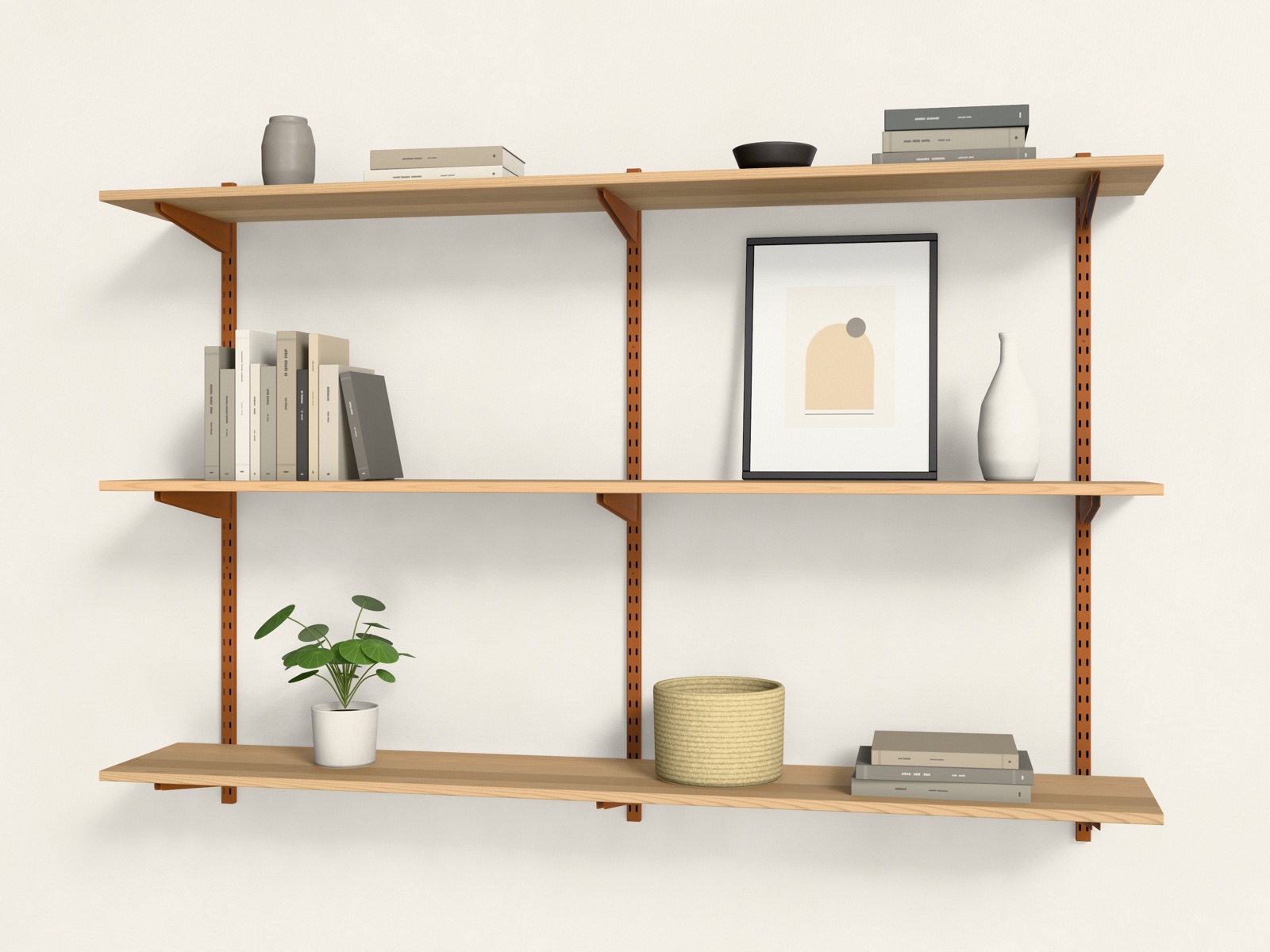 Visualisierung: Wandschienen und Träger in Terrakotta mit Holzböden an einer Wand